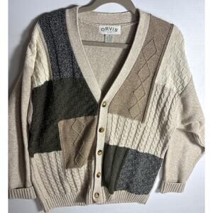 Orvis Cardigan Mens M Beige Patchwork Cable Knit Grandpa Old Money Preppy